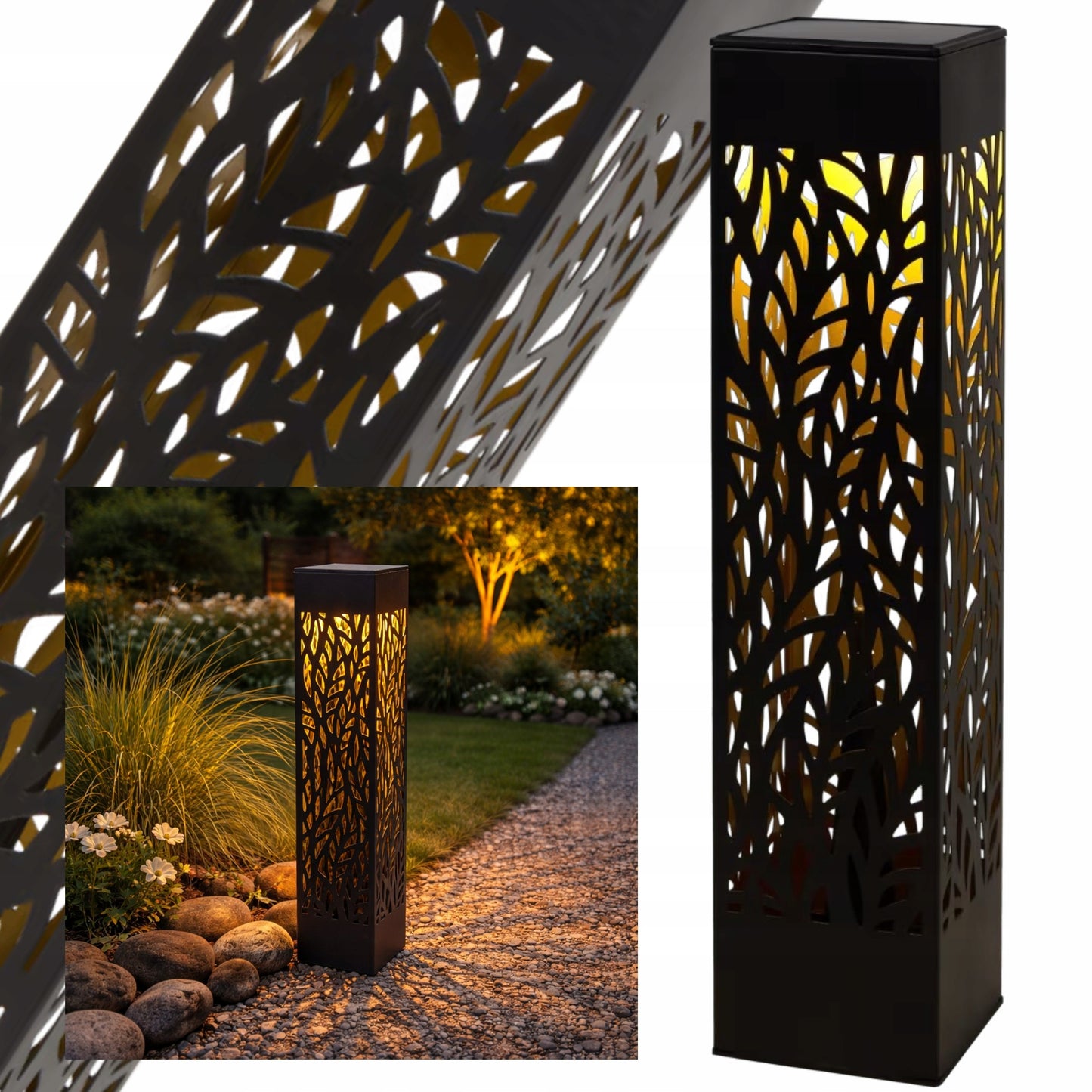 Lampa solarna ogrodowa czarna 53 cm ciepłe światło LED dekoracyjna słupek