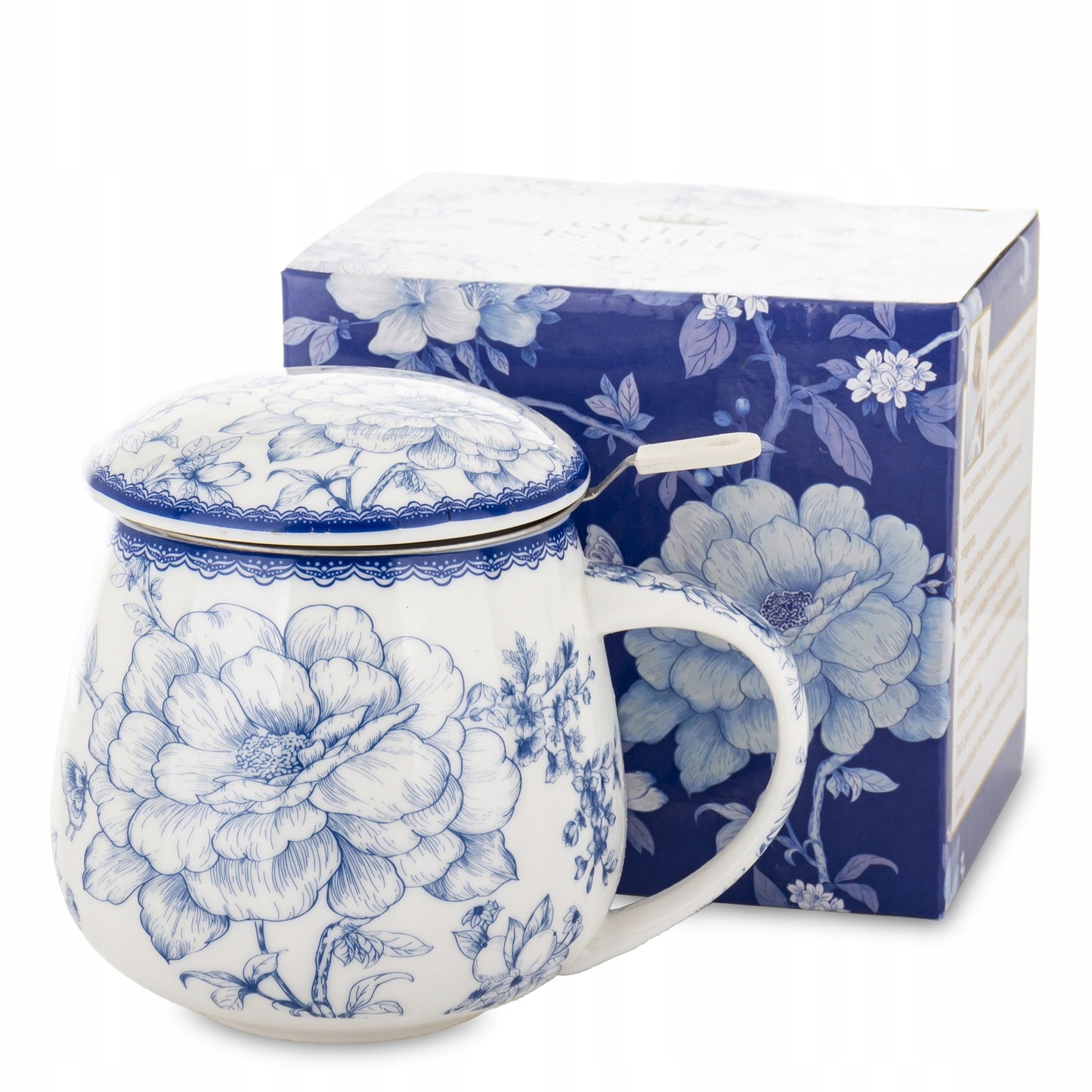 Elegancki kubek ceramiczny z zaparzaczem w pudełku prezentowym