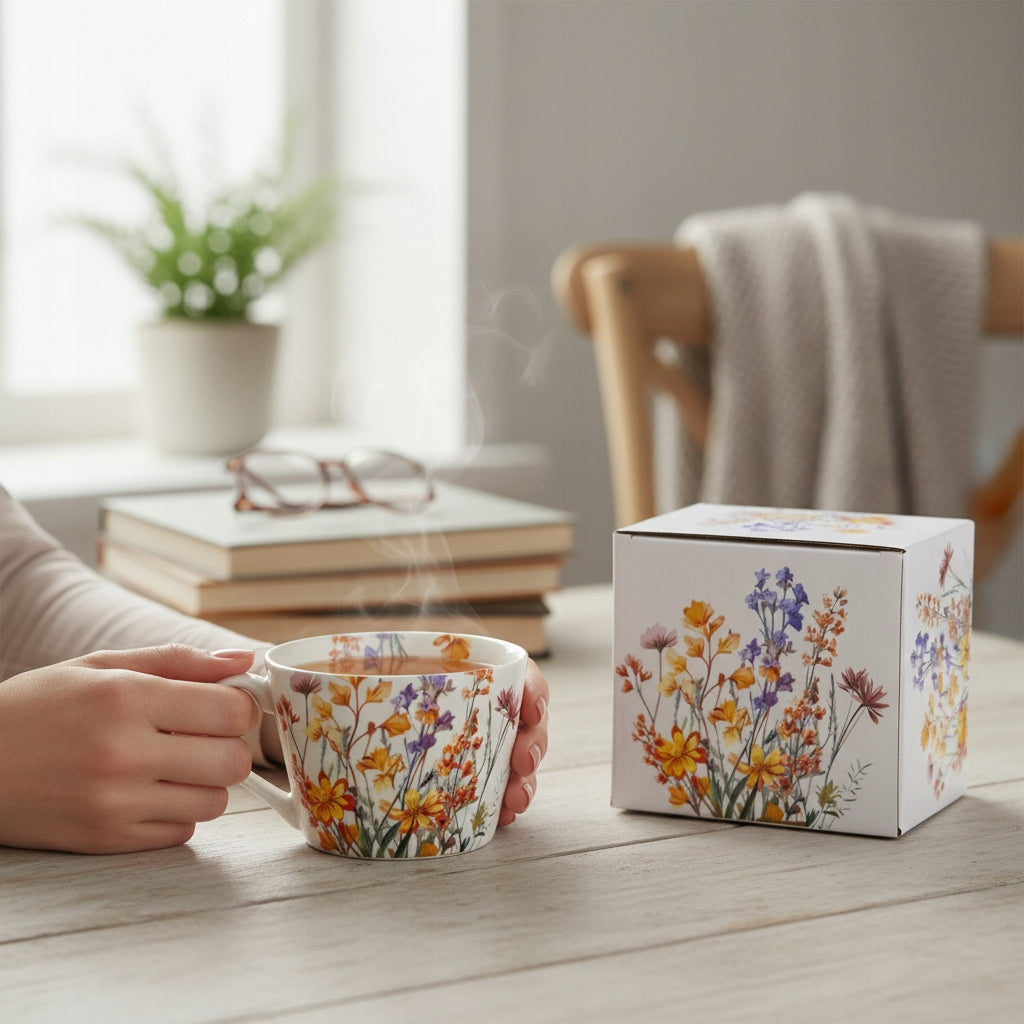 Duży kubek w pudełku porcelanowy 450 ml w kwiaty na prezent zmywarka