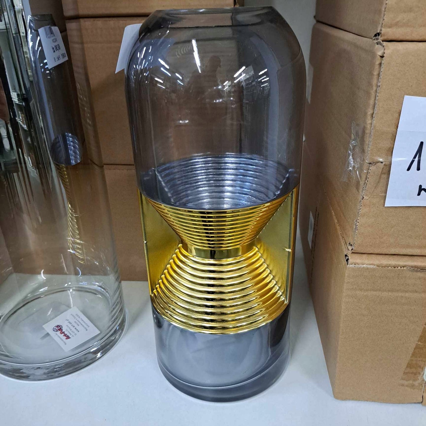 Ozdobny wazon szklany 24,5 cm szary złoty