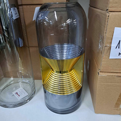 Ozdobny wazon szklany 24,5 cm szary złoty