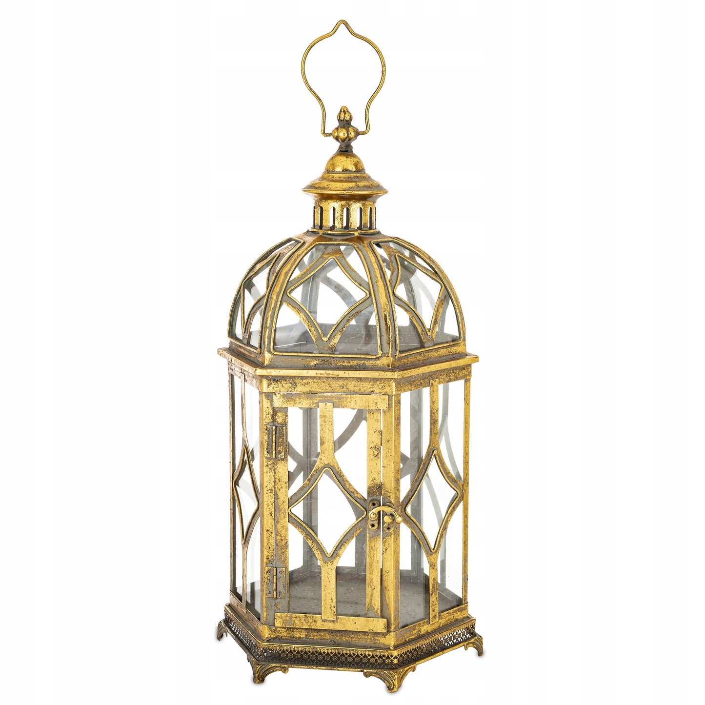 Lampion złoty retro wysoki Latarnia metalowa złota szkło dekoracja