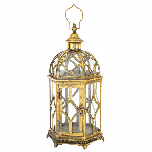 Lampion złoty retro wysoki Latarnia metalowa złota szkło dekoracja