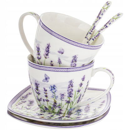 Zestaw 2 filiżanek z podstawkami i łyżeczkami porcelana lawenda prowansja