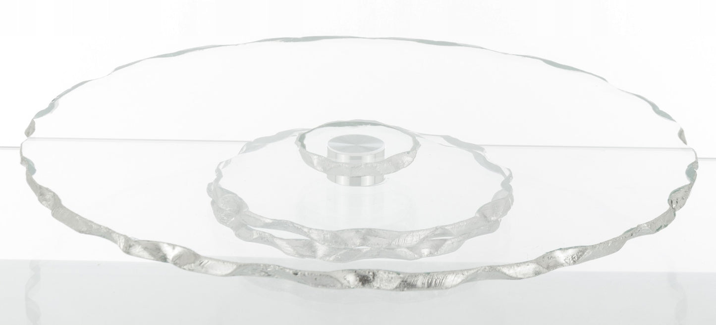Patera obrotowa szklana na tort glamour taca 33 cm srebrne zdobienia