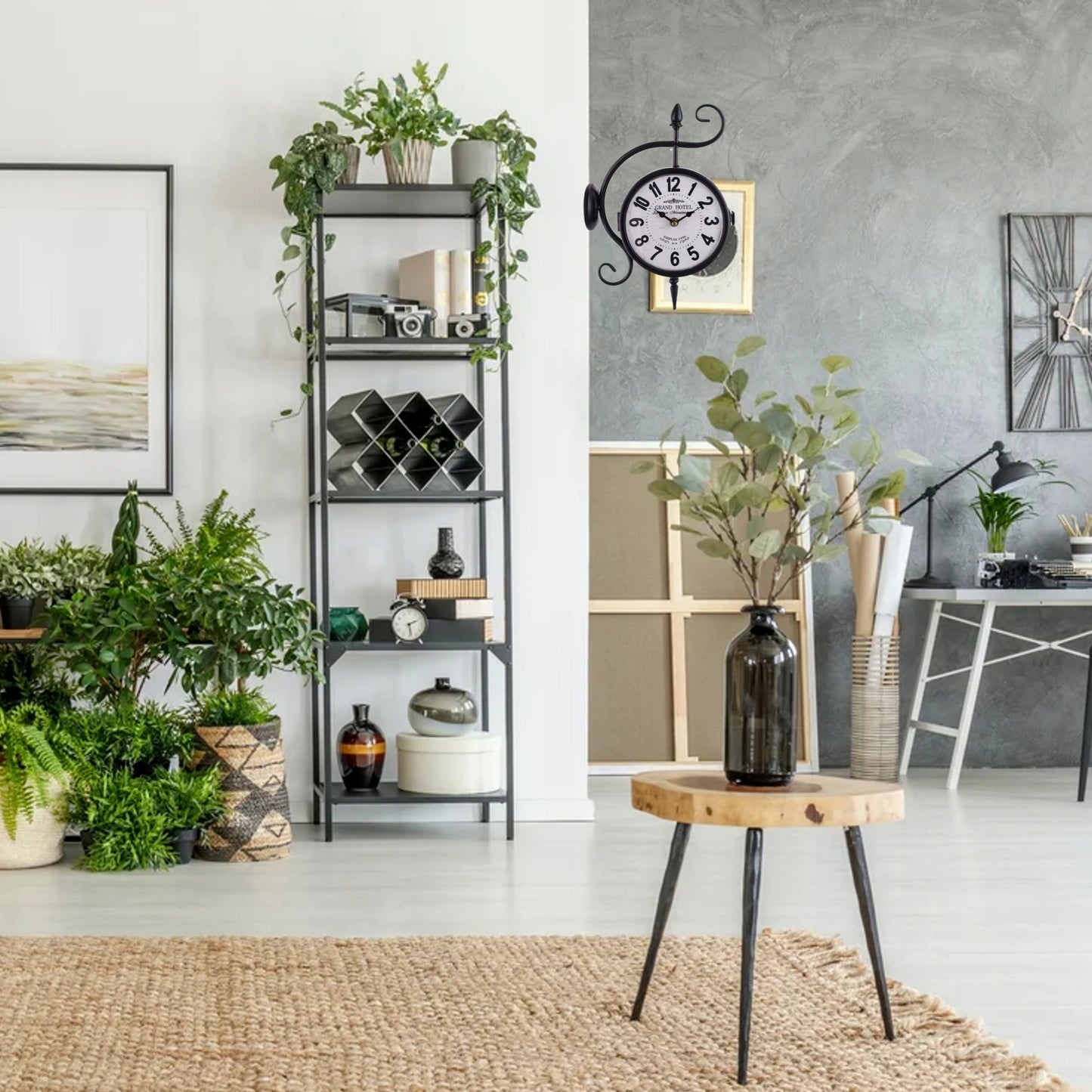 Zegar metalowy dwustronny retro czarno biały 32x22x9 dworcowy czarny loft