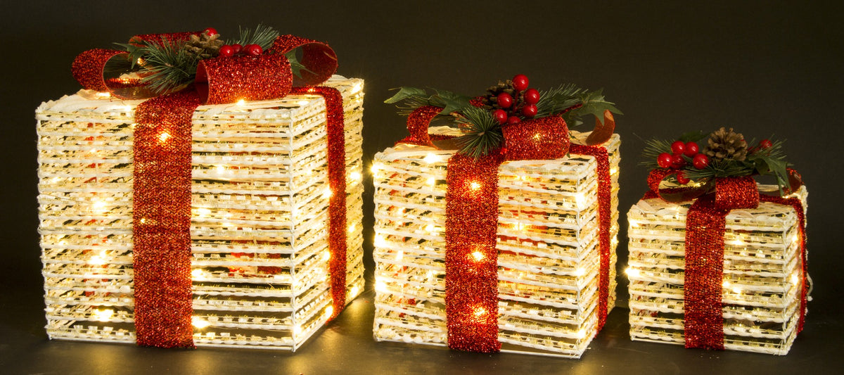 Ozdoba świąteczna LED Prezent biały, czerwony 29x25x25 25x20x20 20x15x15 cm