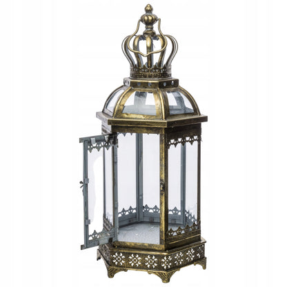 Lampion złoty metalowy postarzana latarnia w indyjskim stylu wysoka 64 cm