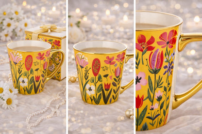 Kubek porcelanowy 300 ml kolorowy kwiaty złote ucho na kawe herbatę prezent