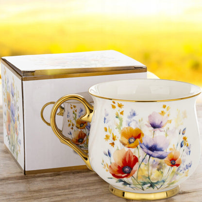 Porcelanowy duży kubek w kwiaty filiżanka do kawy herbaty 450 ml w pudełku