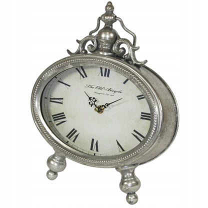 Zegar metalowy stojący retro vintage srebrny 26cm