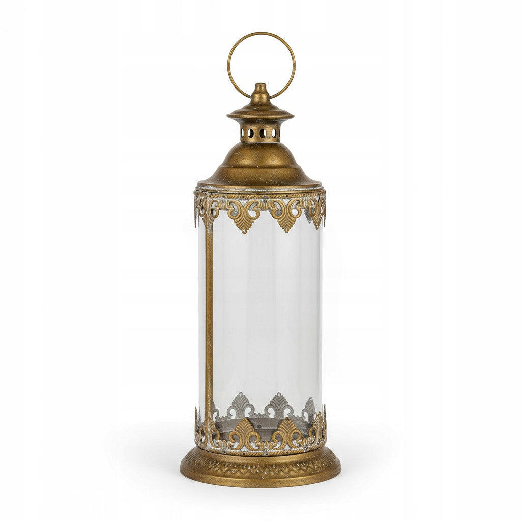 Lampion 45 cm metalowy India House Złoty Metal i Szkło Styl Orientalny