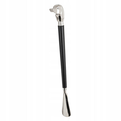 Długa łyżka do butów obuwia metalowa srebrna czarna pies elegancka 47 cm