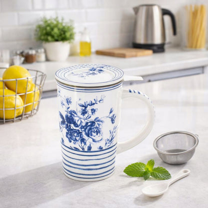 Kubek z Zaparzaczem Porcelana Niebieska Blue Pokrywka Sitko 300 ml