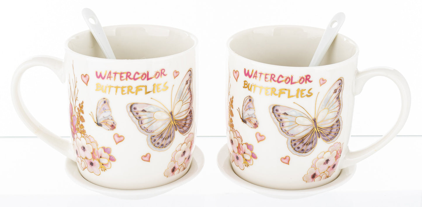 Kpl. kubków motyl łyżeczka podstawka 2+2+2 kubek ceramiczny 330ml prezent
