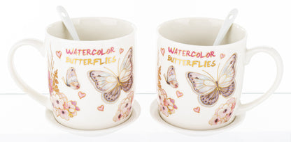 Kpl. kubków motyl łyżeczka podstawka 2+2+2 kubek ceramiczny 330ml prezent