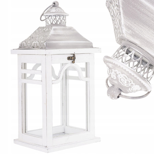 Stylowy rustykalny drewniany lampion biały świecznik duża latarnia 38cm