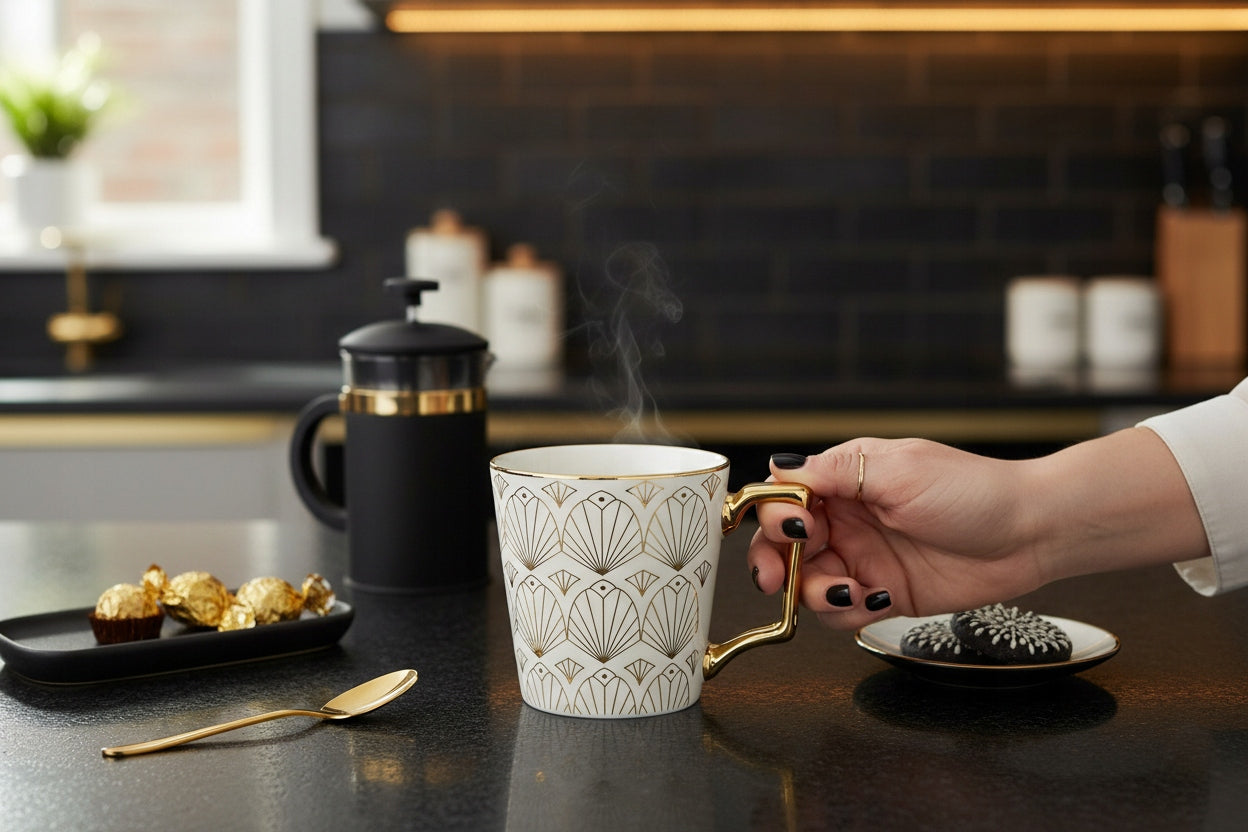 Porcelanowy Kubek elegancki złote ucho 310ml na prezent kawa herbata