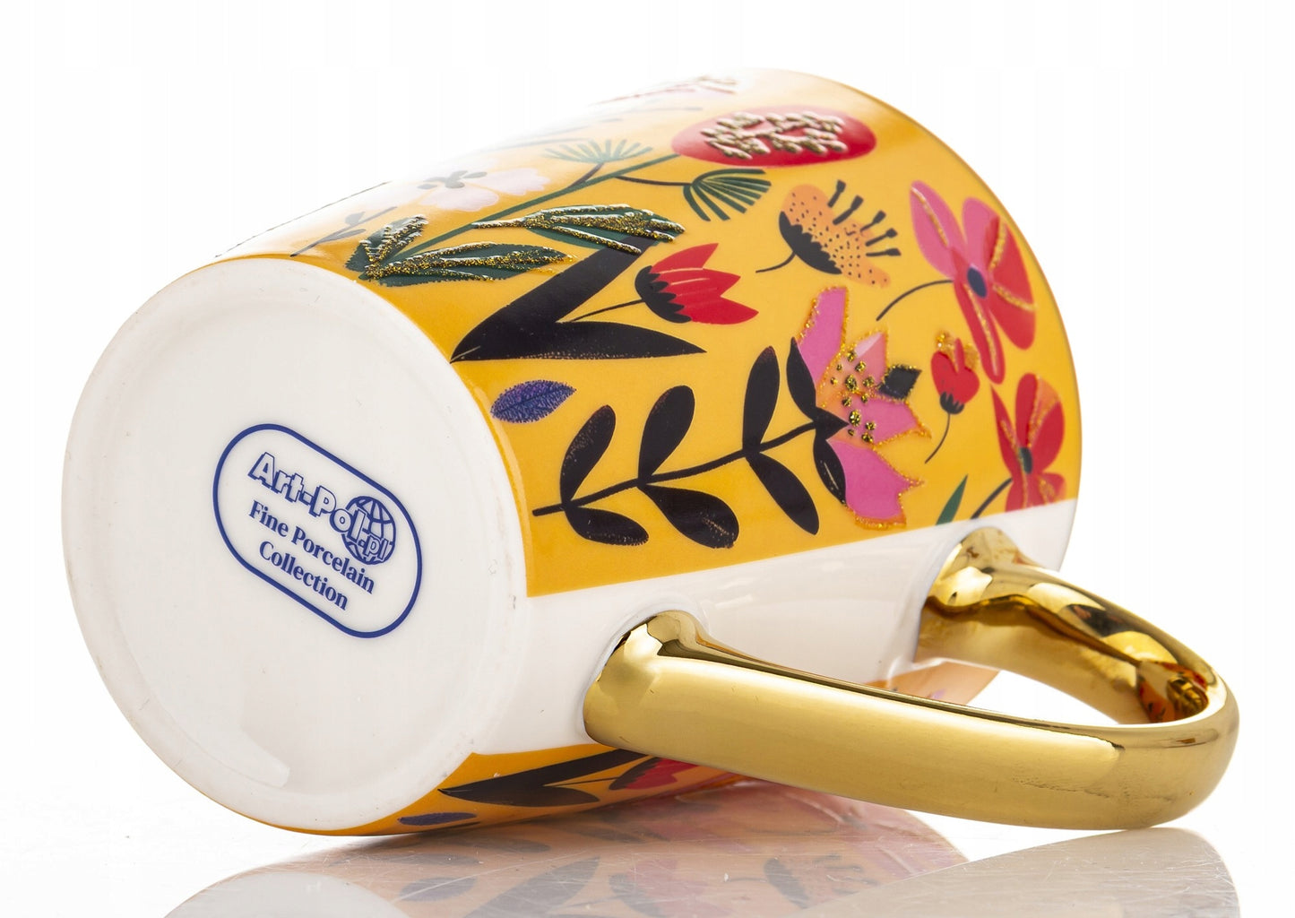 Kubek porcelanowy 300 ml kolorowy kwiaty złote ucho na kawe herbatę prezent