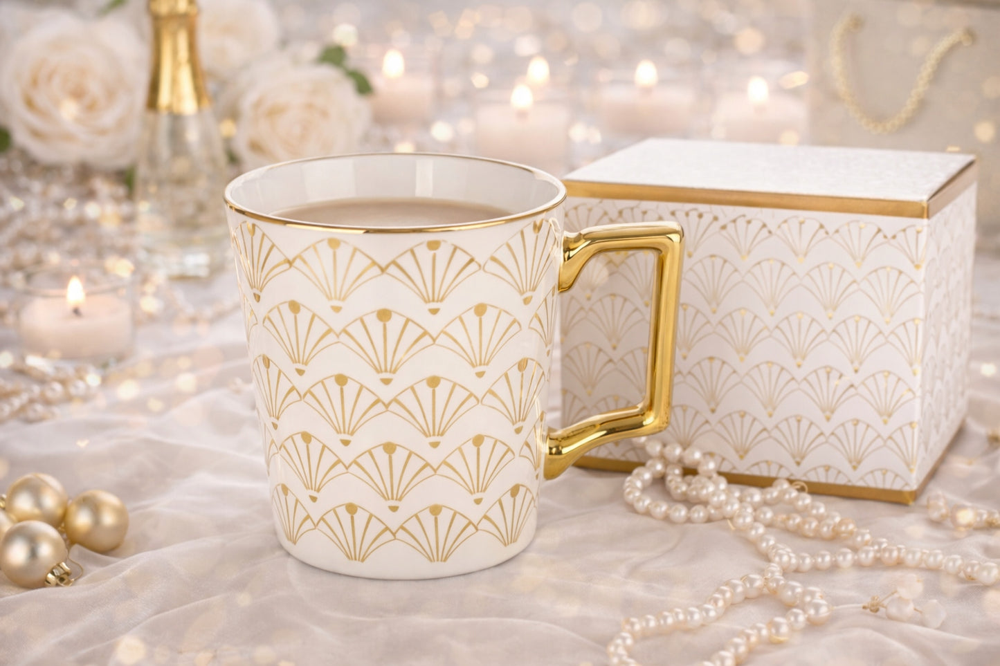 Porcelanowy Kubek elegancki złote ucho 310ml na prezent kawa herbata