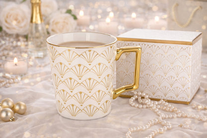 Porcelanowy Kubek elegancki złote ucho 310ml na prezent kawa herbata