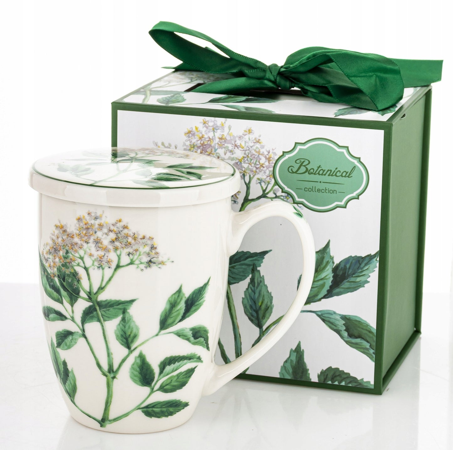 Elegancki kubek ceramiczny z zaparzaczem w pudełku prezentowym