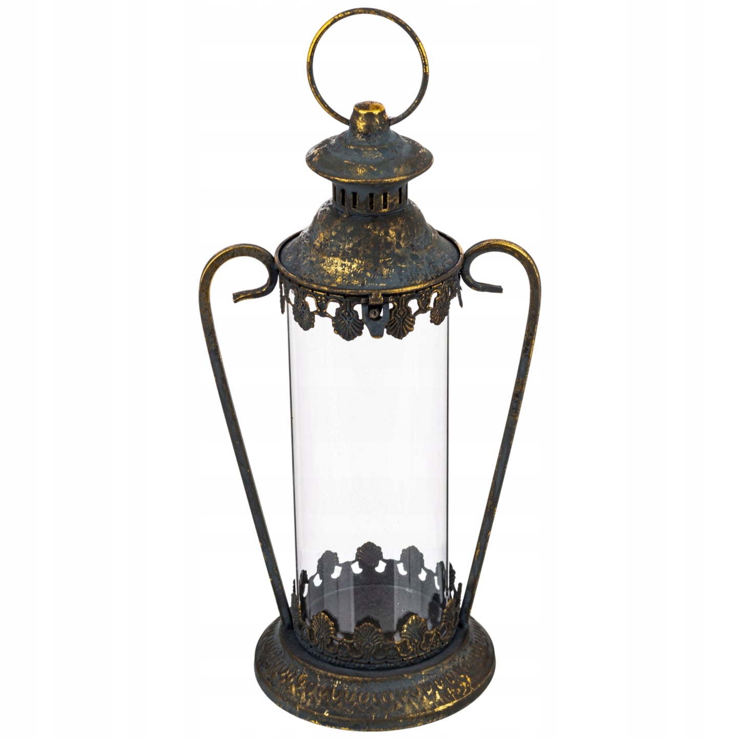 Lampion metalowy postarzane złoto dekoracja ogrodowa latarnia 43x21x16cm