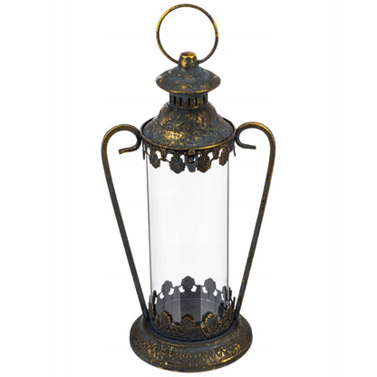Lampion metalowy postarzane złoto dekoracja ogrodowa latarnia 43x21x16cm