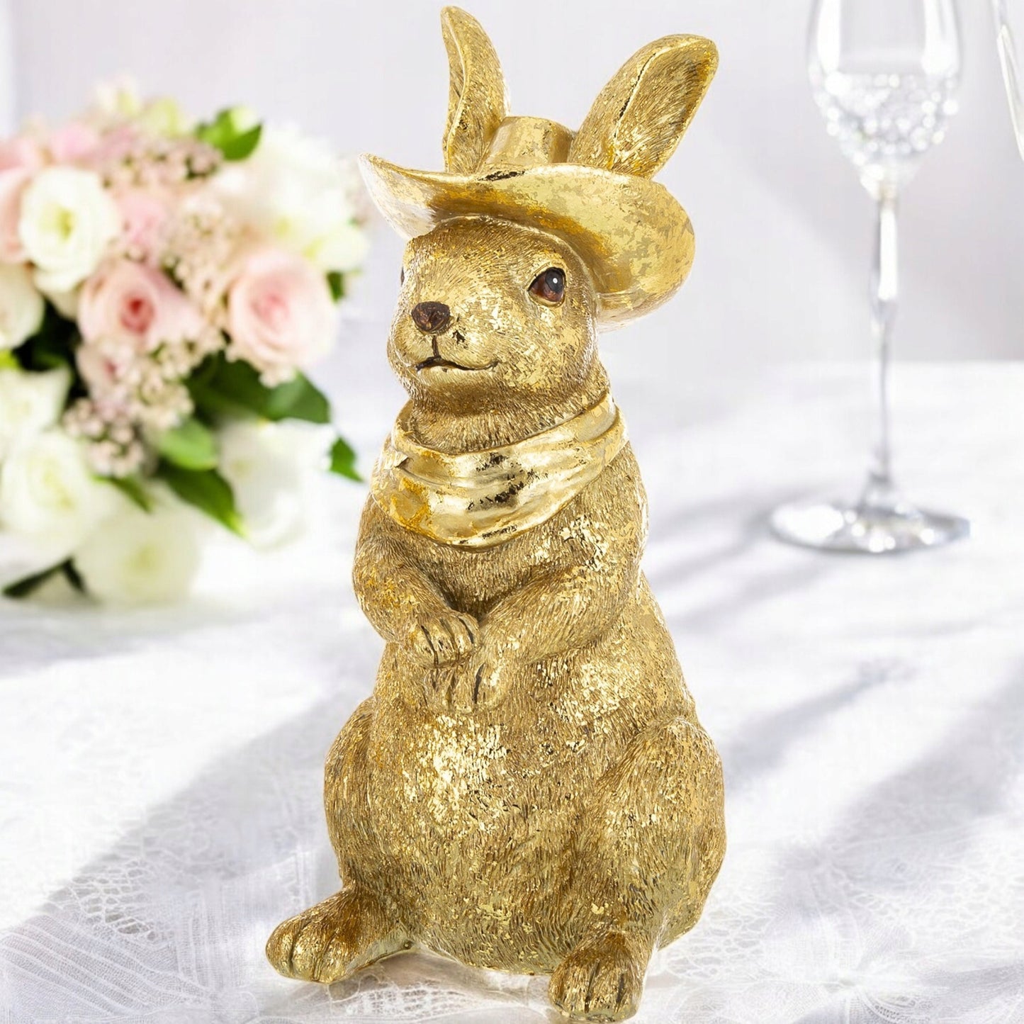 figurka zając królik zajączek w kapeluszu złoty 21 cm ozdoba wielkanocna