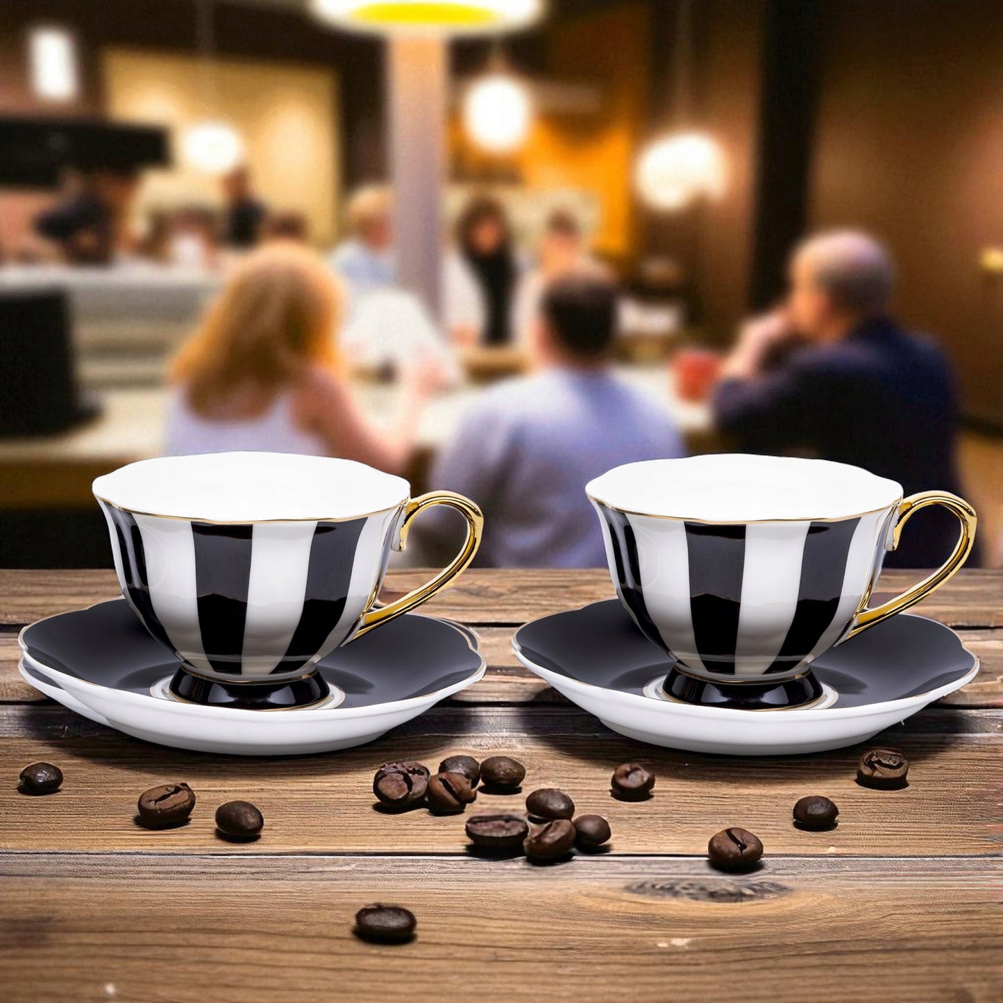 Komplet 2szt filiżanek porcelanowych 220 ml biało-czarne złote zestaw