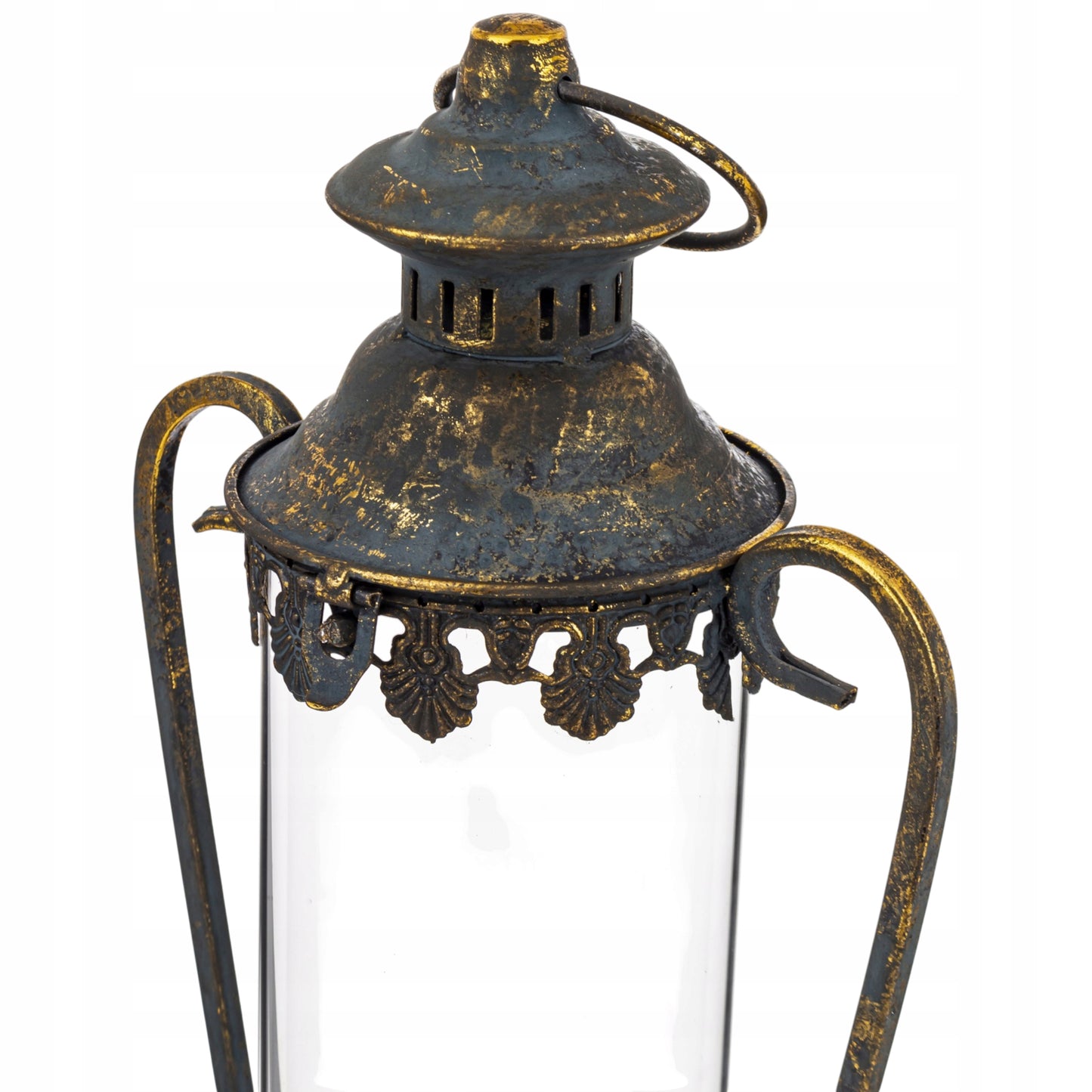 Lampion metalowy postarzane złoto dekoracja ogrodowa latarnia 43x21x16cm