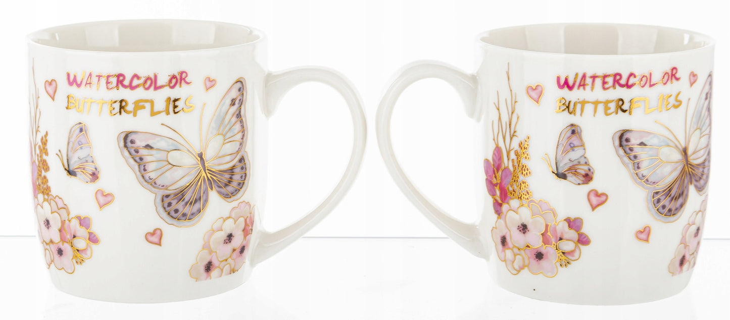 Kpl. kubków motyl łyżeczka podstawka 2+2+2 kubek ceramiczny 330ml prezent