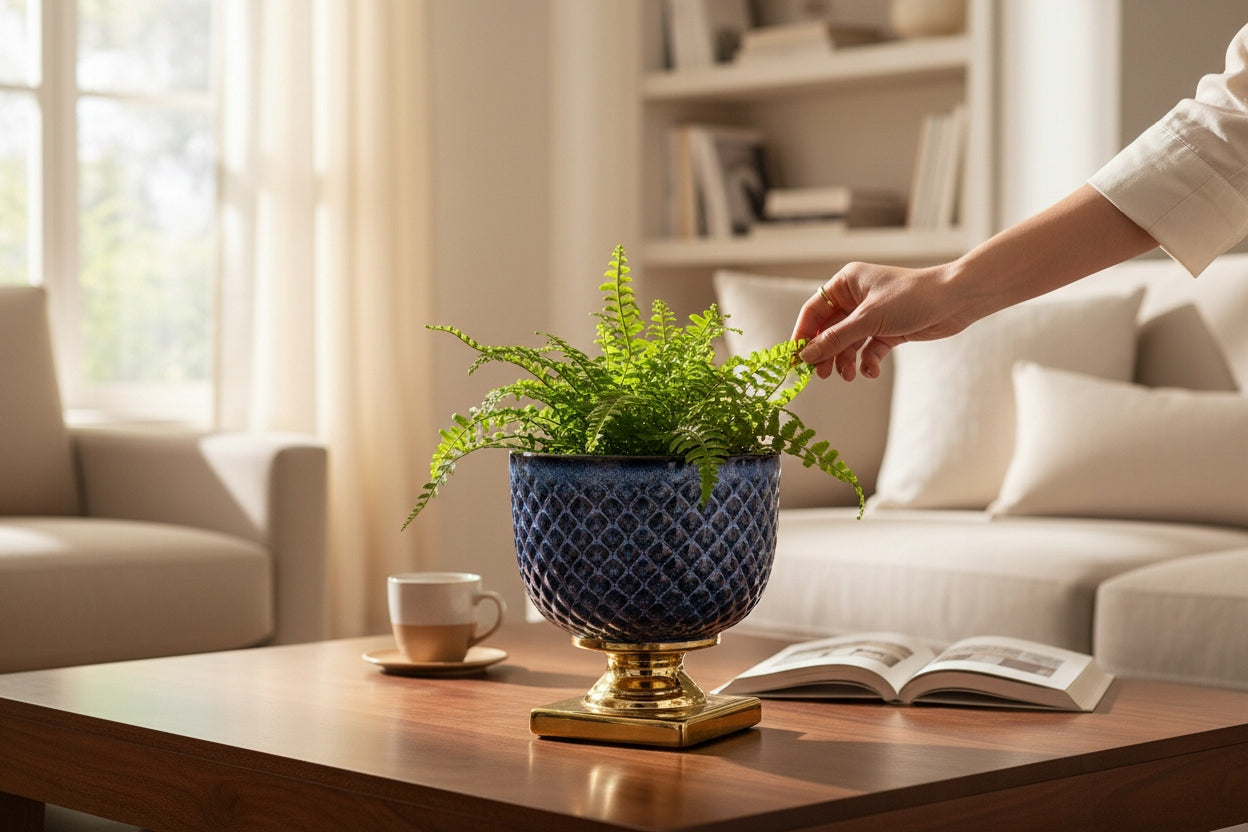 Osłonka ceramiczna granatowo-złota elegancka donica glamour do salonu