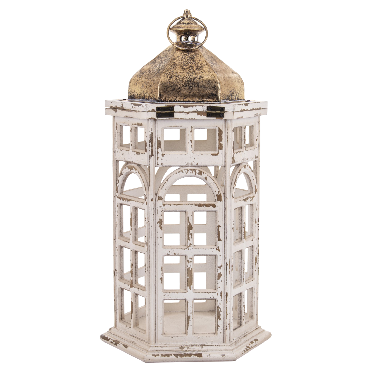 Lampion Drewniany Metalowy Latarnia Biały Złoty Retro Postarzany Dekoracja