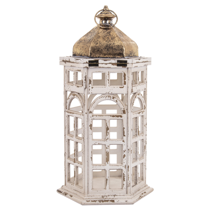 Lampion Drewniany Metalowy Latarnia Biały Złoty Retro Postarzany Dekoracja