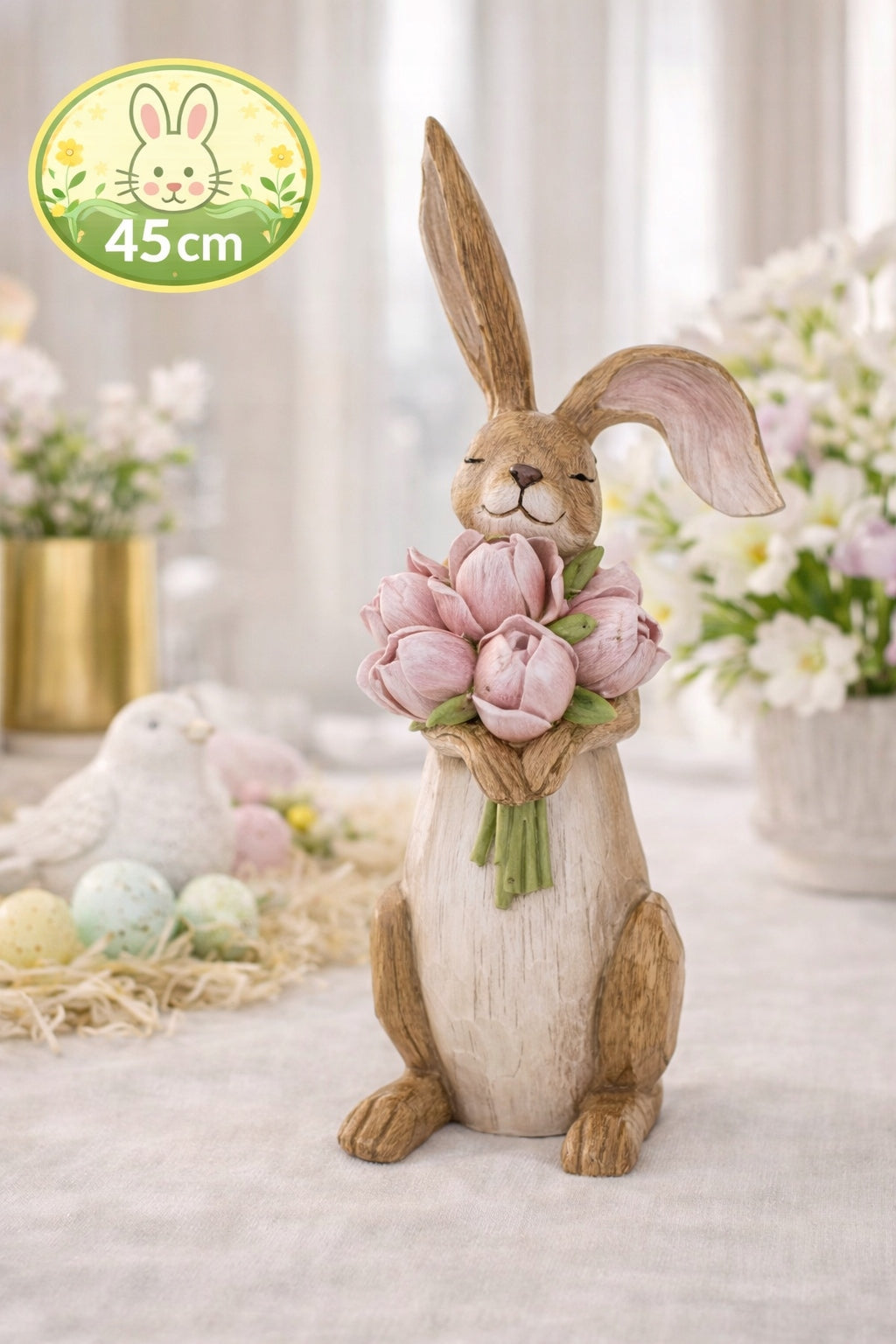 Figurka Królik Wielkanocny 45 cm Elegancka Dekoracja z Kwiatami XL wiosenna