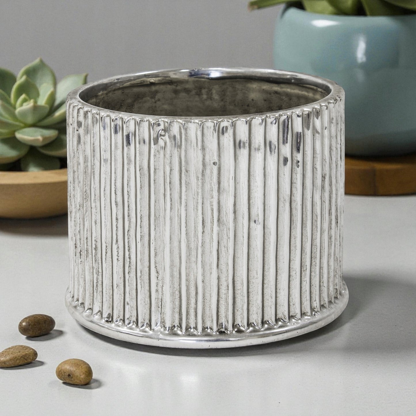 Osłonka ceramiczna srebrna doniczka okrągła średnia 15x16x16