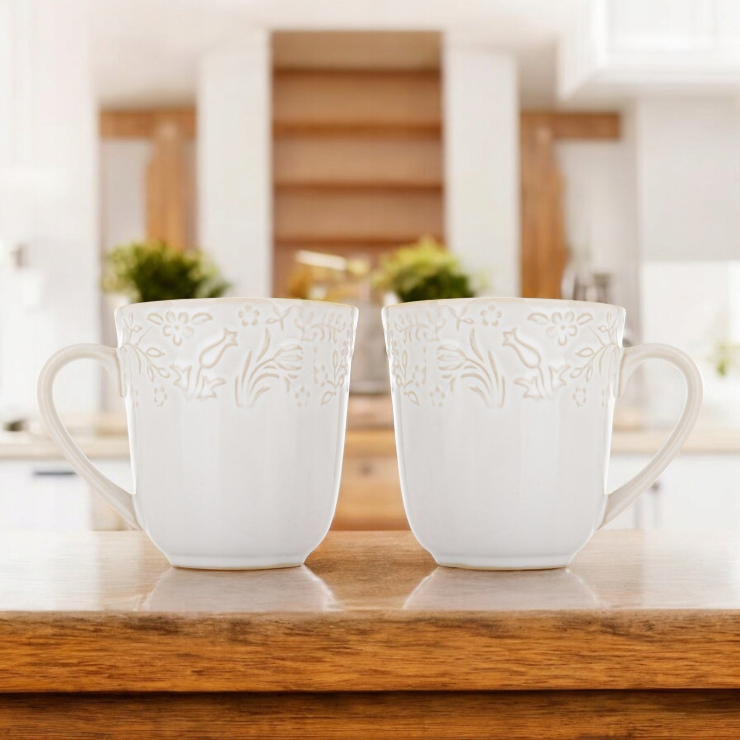 Kubek Sarmatia 400ml kremowy  porcelanowu ecru tłoczony wzór kwiaty