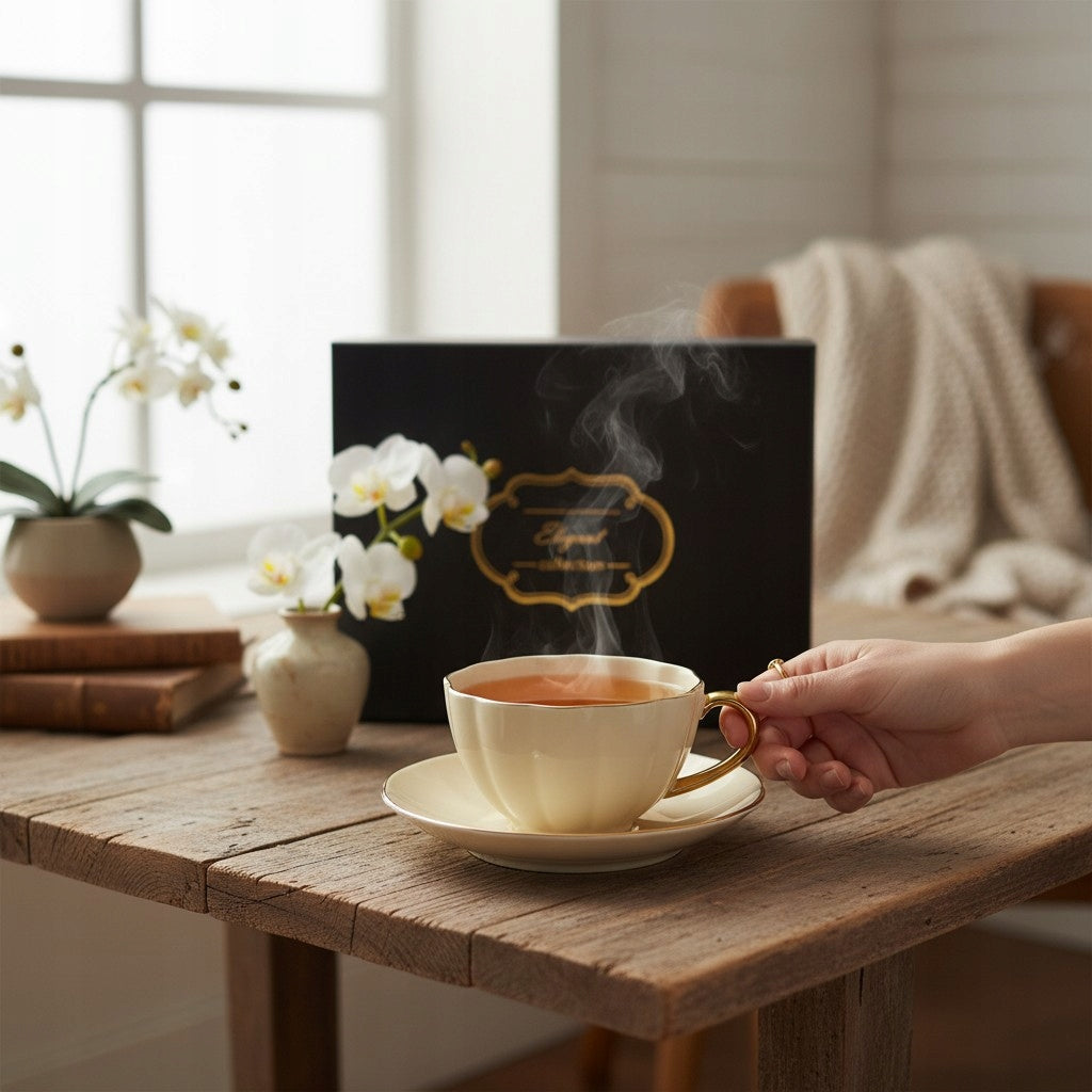 Filiżanka z podstawką do kawy herbaty kremowa porcelana 220 ml prezent