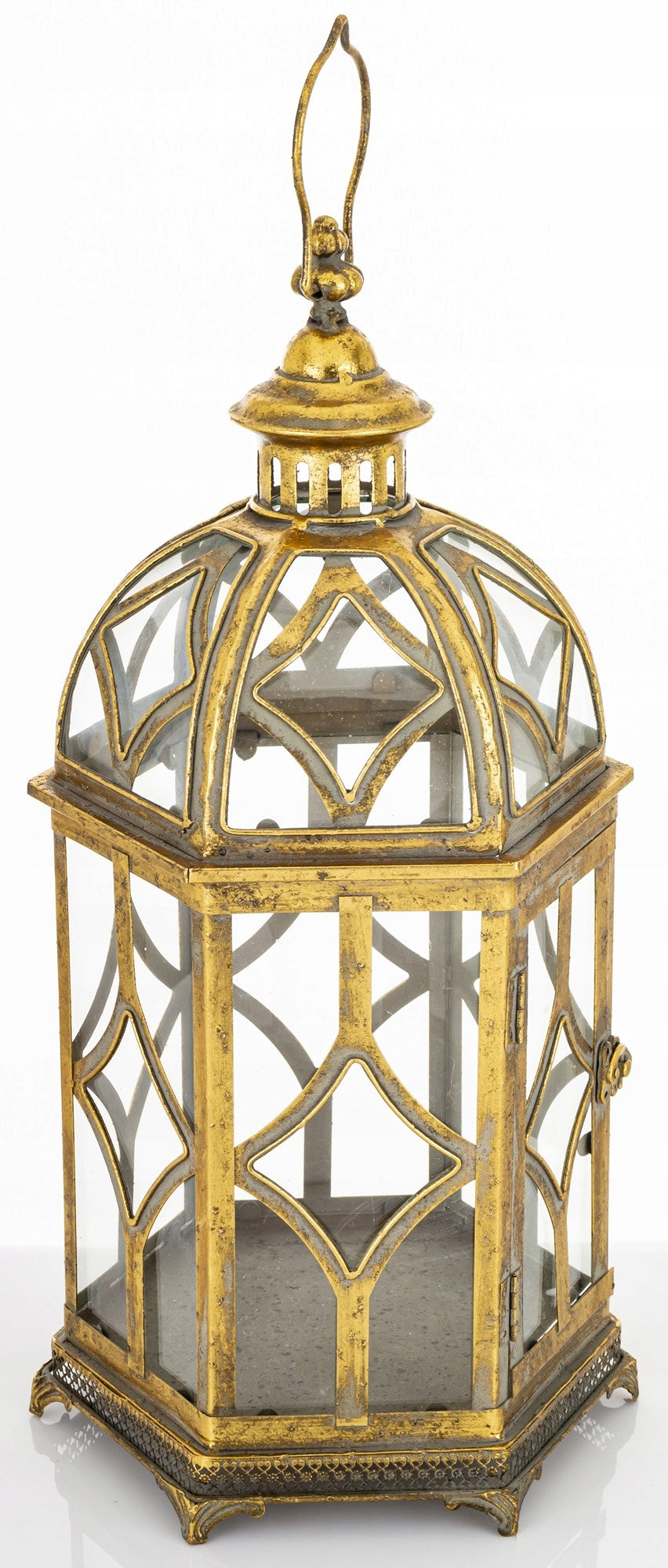 Lampion złoty retro wysoki Latarnia metalowa złota szkło dekoracja