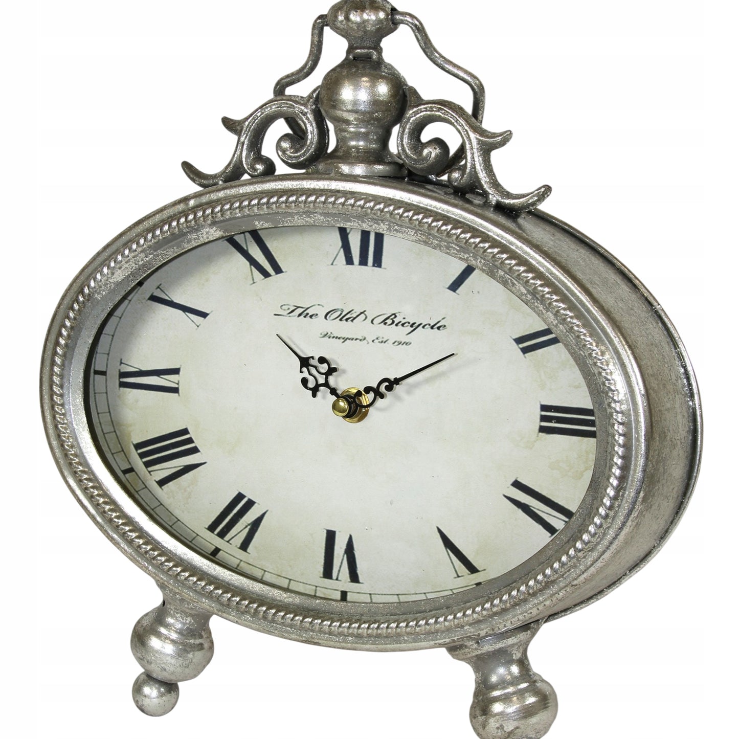 Zegar metalowy stojący retro vintage srebrny 26cm