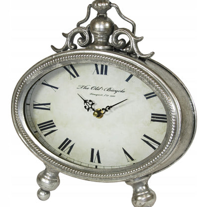 Zegar metalowy stojący retro vintage srebrny 26cm