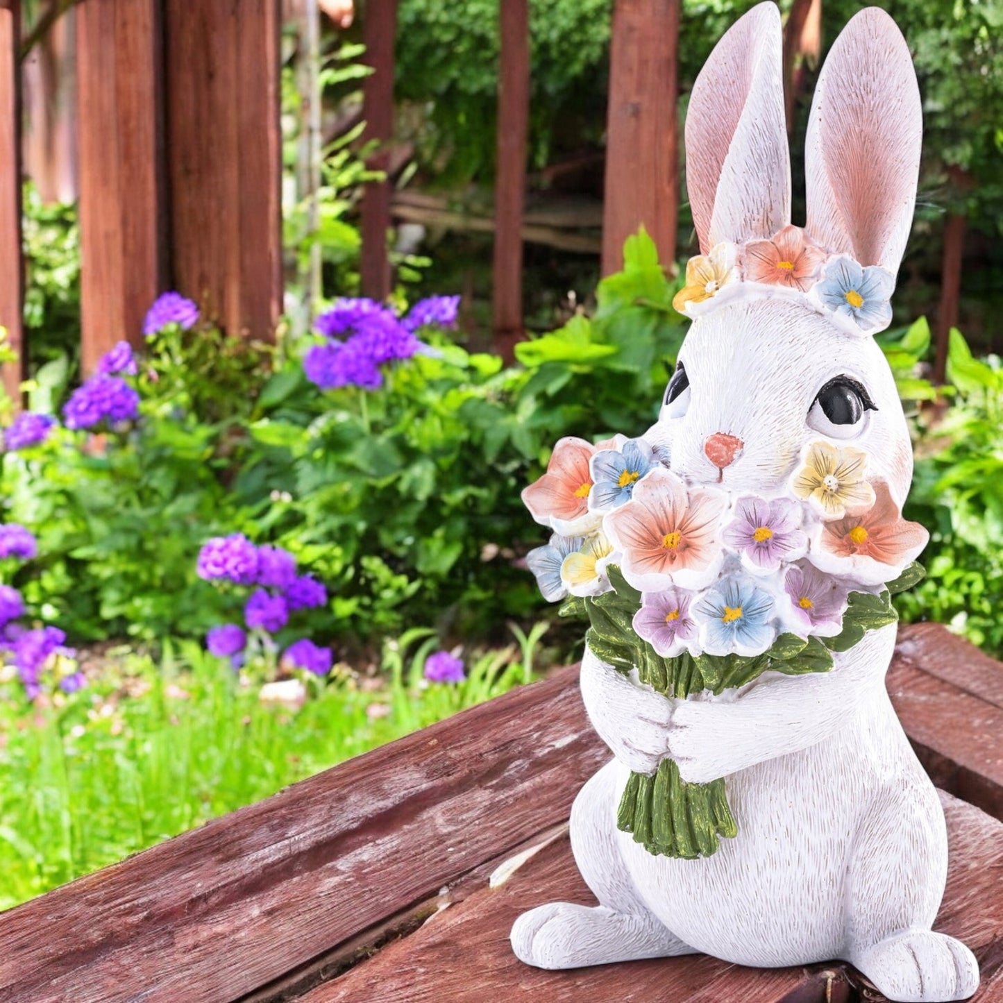 Figurka królik biały zajączek wielkanocny z kwiatami wiosenny 22 cm