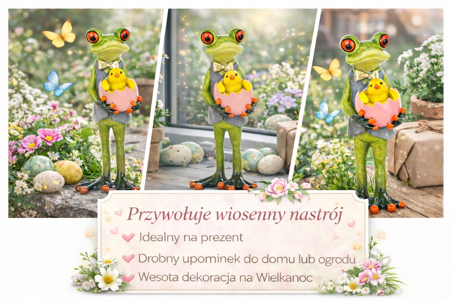 Figurka Żaba Dekoracyjna z Kurczaczkiem Ozdoba do Domu Wielkanocna