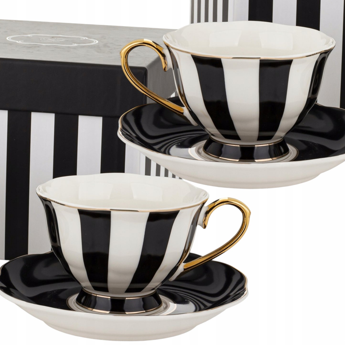 Komplet 2szt filiżanek porcelanowych 220 ml biało-czarne złote zestaw