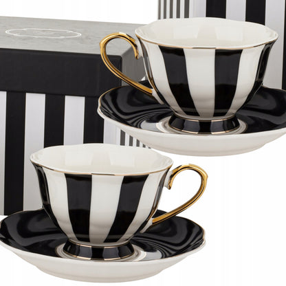 Komplet 2szt filiżanek porcelanowych 220 ml biało-czarne złote zestaw