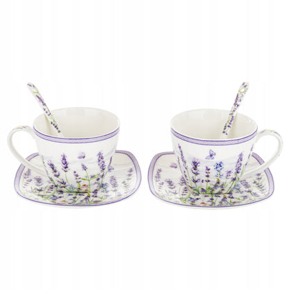 Zestaw 2 filiżanek z podstawkami i łyżeczkami porcelana lawenda prowansja