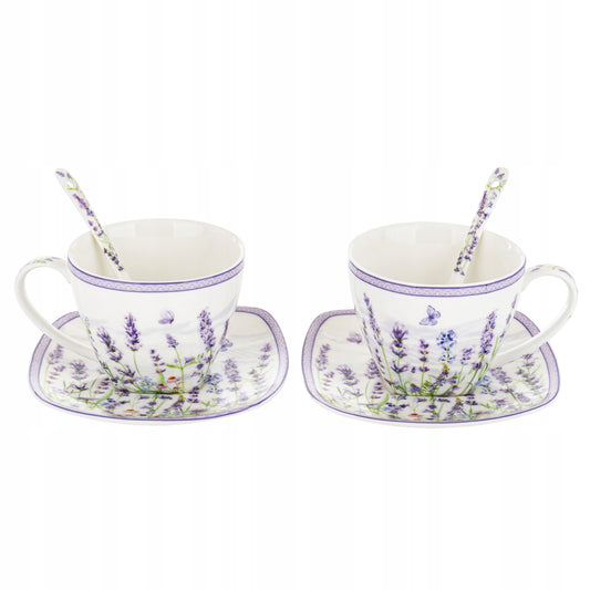 Zestaw 2 filiżanek z podstawkami i łyżeczkami porcelana lawenda prowansja