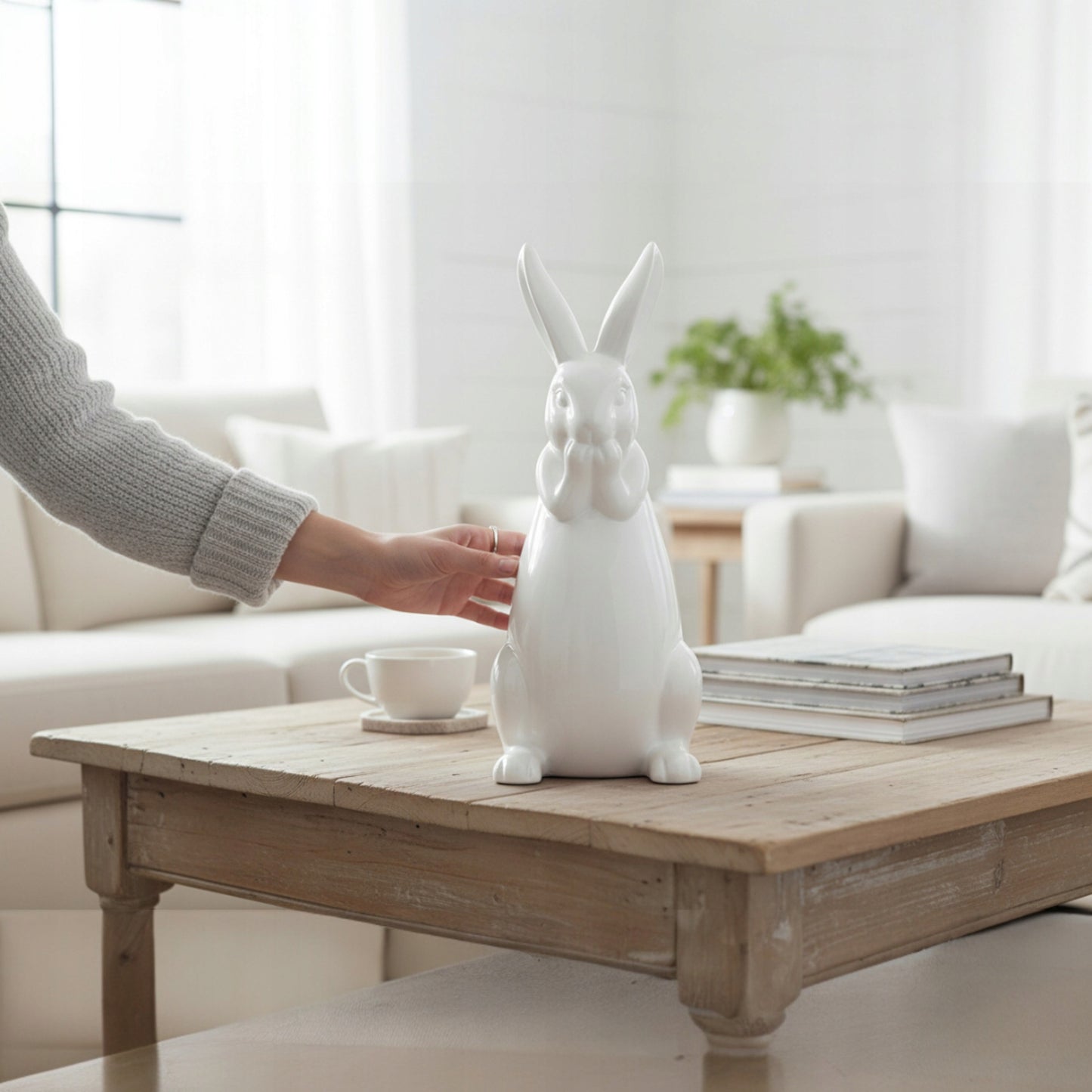Figurka zajac ceramiczny bialy dekoracja wielkanocna ozdoba dom 39cm królik