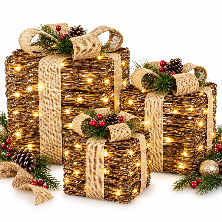 Ozdoba świąteczna LED Prezent czarny, beżowy 30x26x26 25x21x21 18x17x17 cm